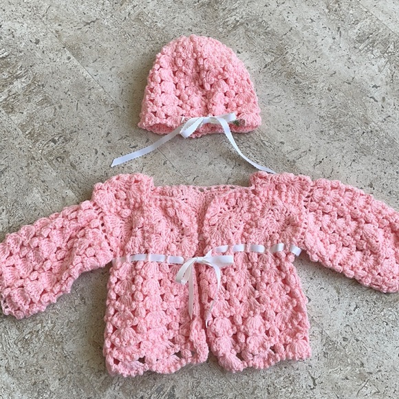 Hand Crafted Other - 🎉Host pick🎉 Handcrafted baby girl ribbon tie sweater with matching hat set